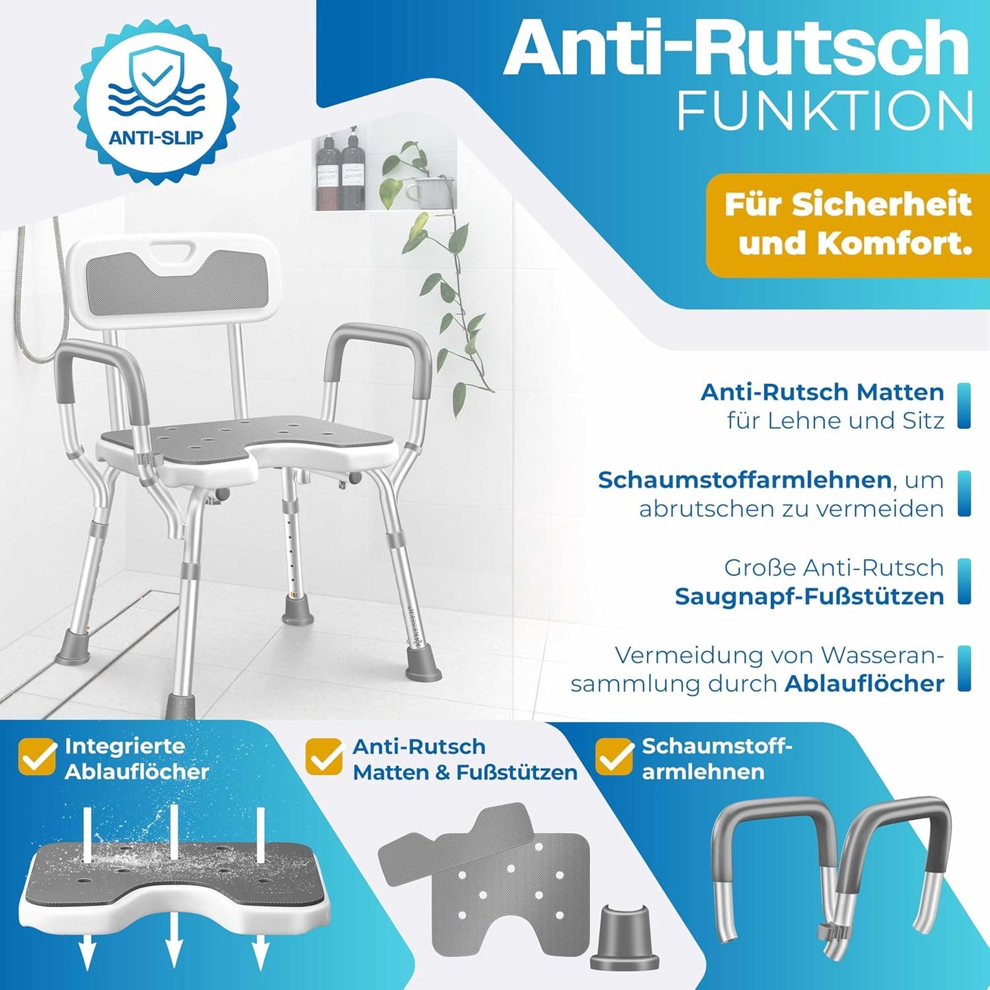 Duschhocker mit Lehne, Weiß / Grau