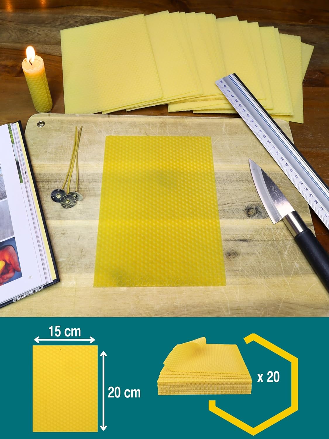 20er Set Bienenwachsplatten für Kerzenherstellung, Gelb | 20 X 15 cm