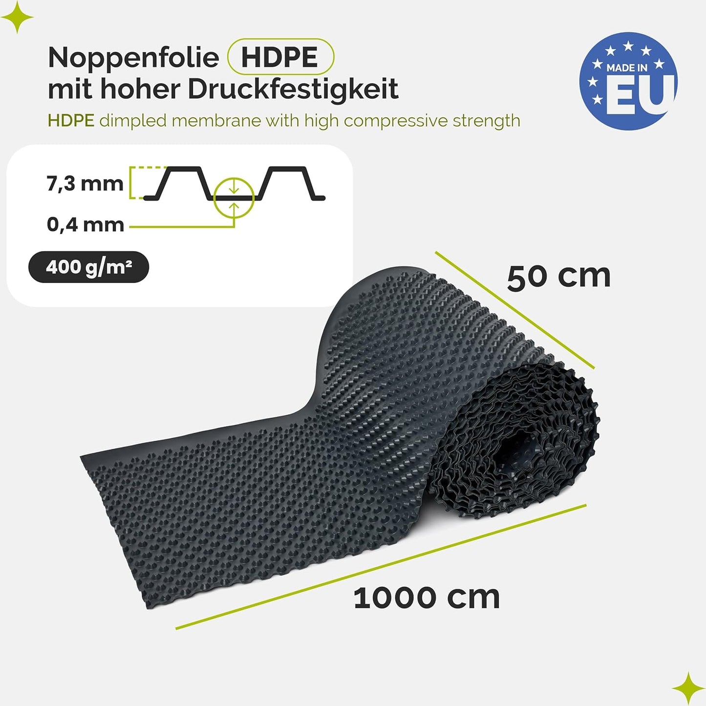 Noppenfolie Drainagebahn, Schwarz 0,5 x 10 m