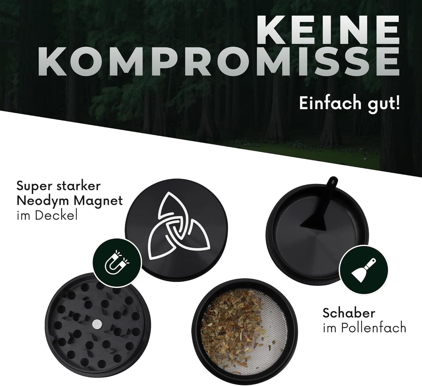 Kräutermühle mit Pollenfach und Schaber, Schwarz