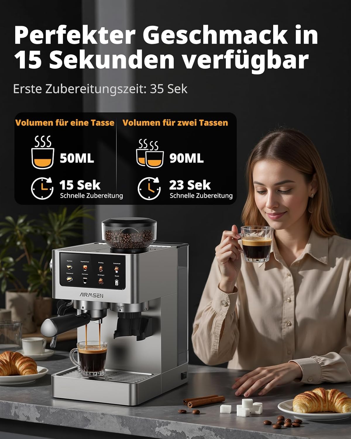 Siebträgermaschine EUBCM2316 mit Kegelmahlwerk & Milchschäumer
