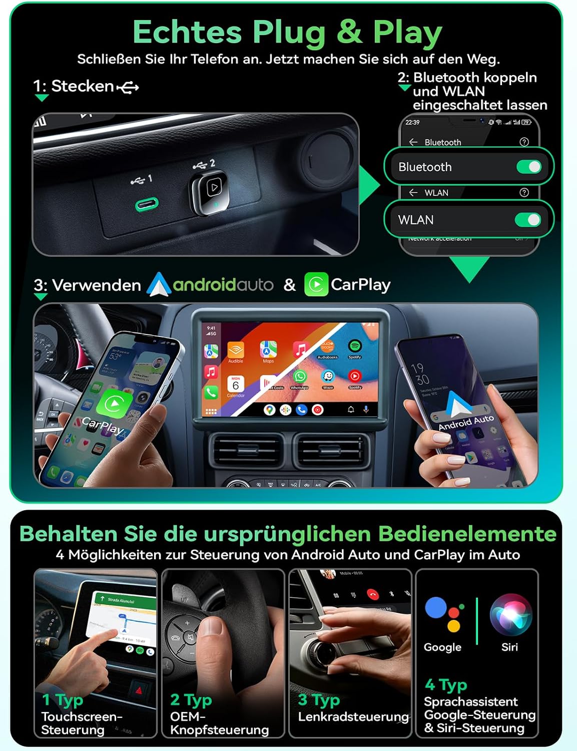 Wireless Carplay & Android Auto Adapter, Tiefschwarz