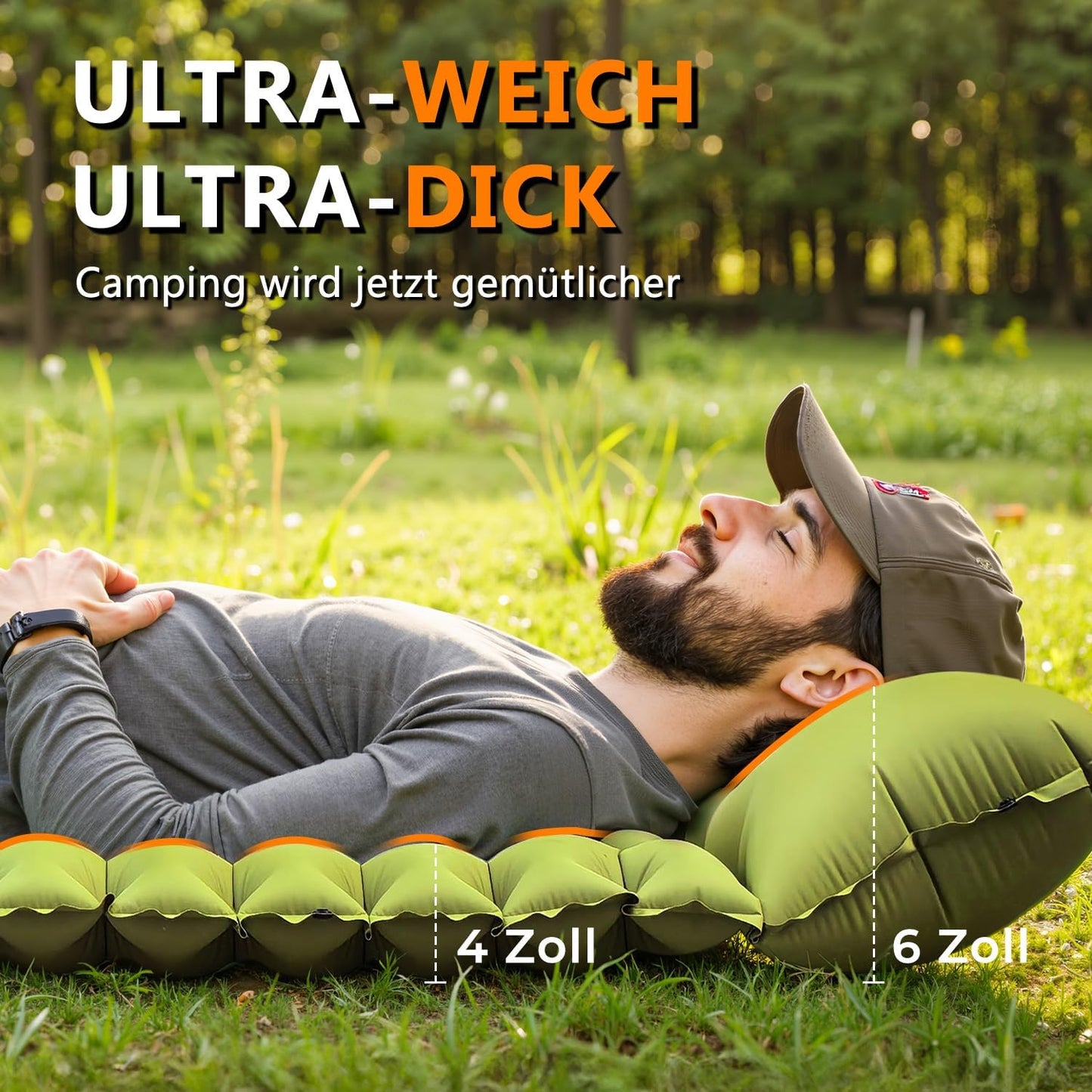 Selbstaufblasende Isomatte mit Fusspumpe für Camping, Grün