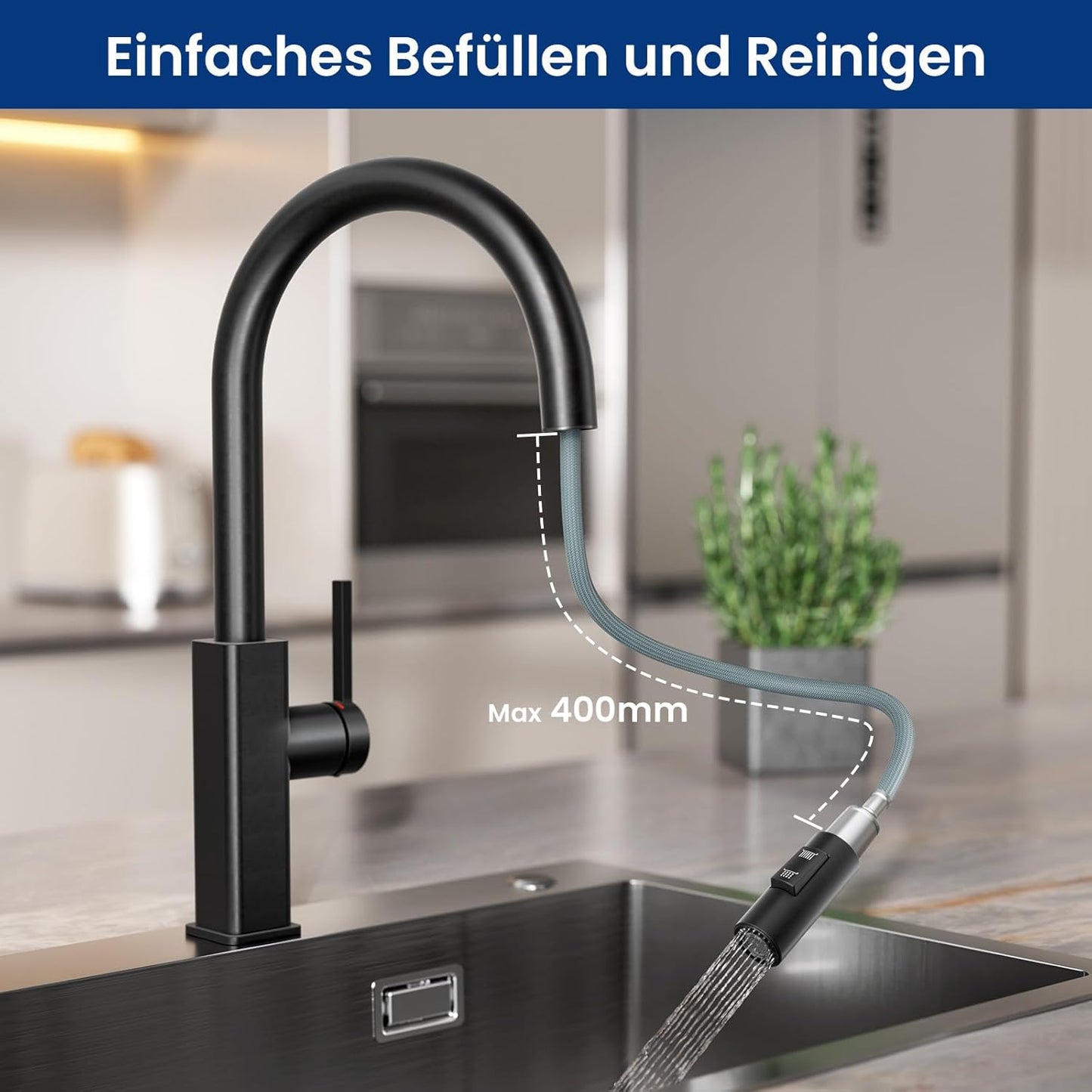 Ausziehbare Küchenarmatur mit Brause, U-Form, Ausziehbar Schwarz