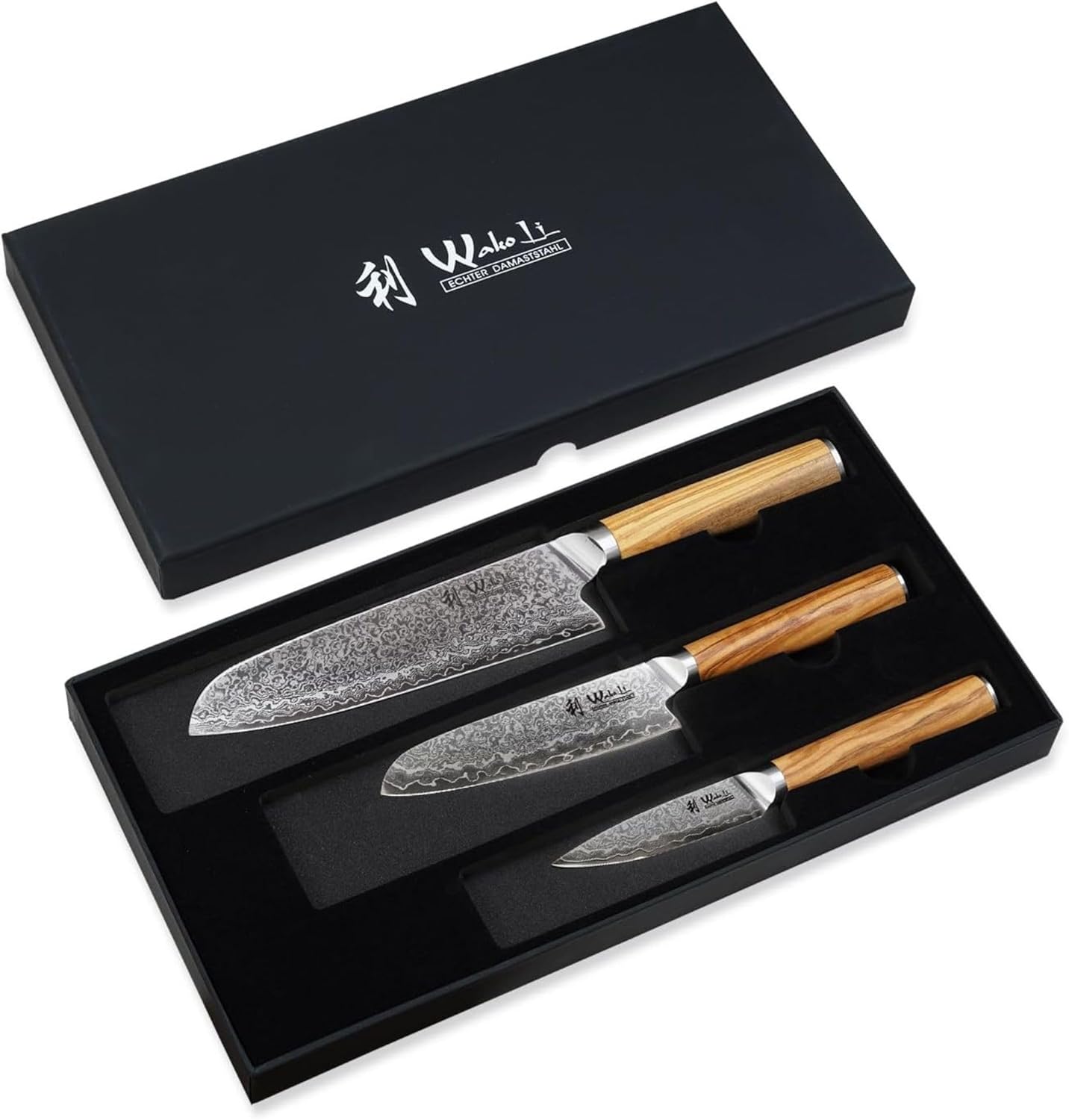Oribu 3er Damastmesser-Set mit Olivenholzgriff, 3er Santoku Set