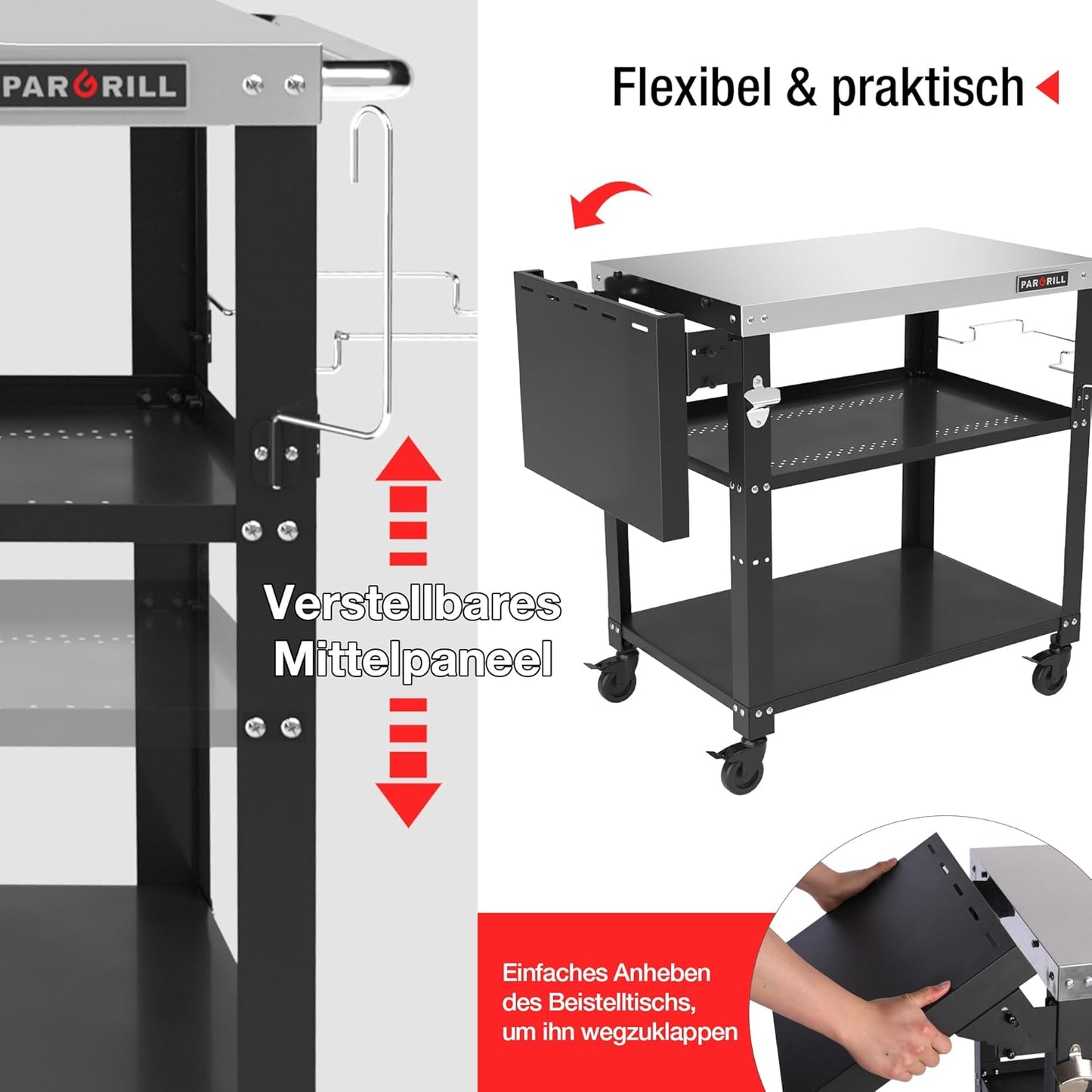 Grillwagen mit klappbarem Beistelltisch und Rollen