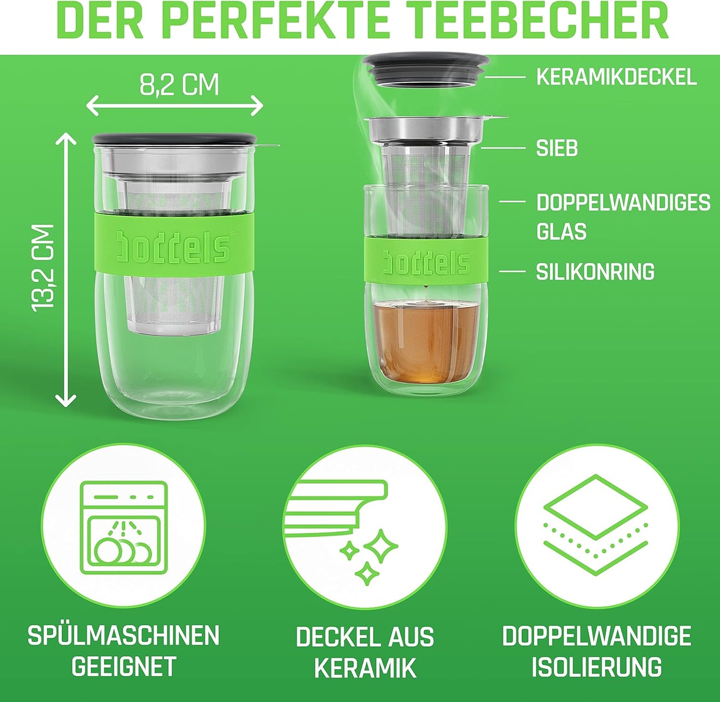Teeglas mit Sieb und Deckel, Apfelgrün