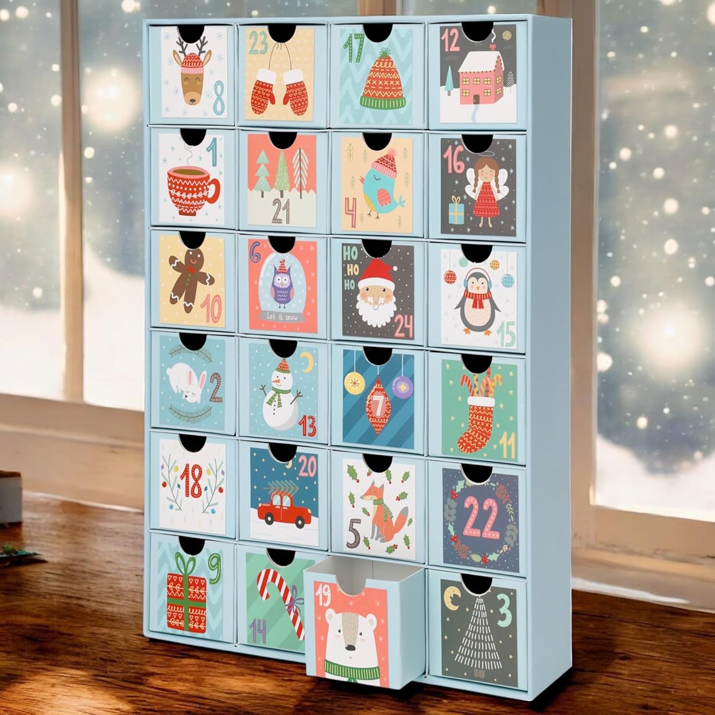 Adventskalender mit 24 Schubladen-Boxen, Zahlen & süße Motive