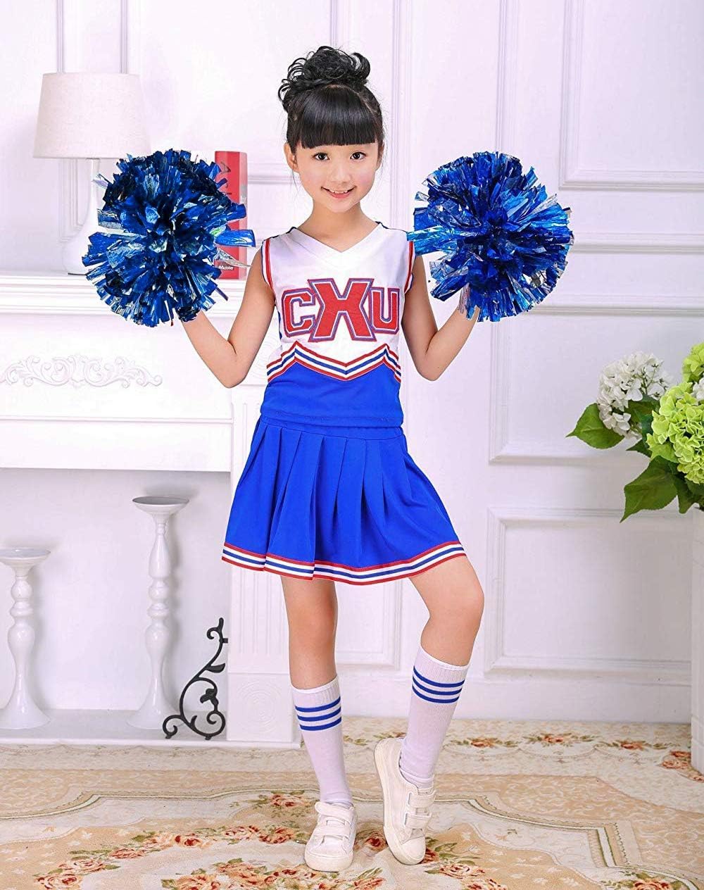 Cheerleader Kostüm mit Pom Poms und Socken, Blau 6-7 Jahre