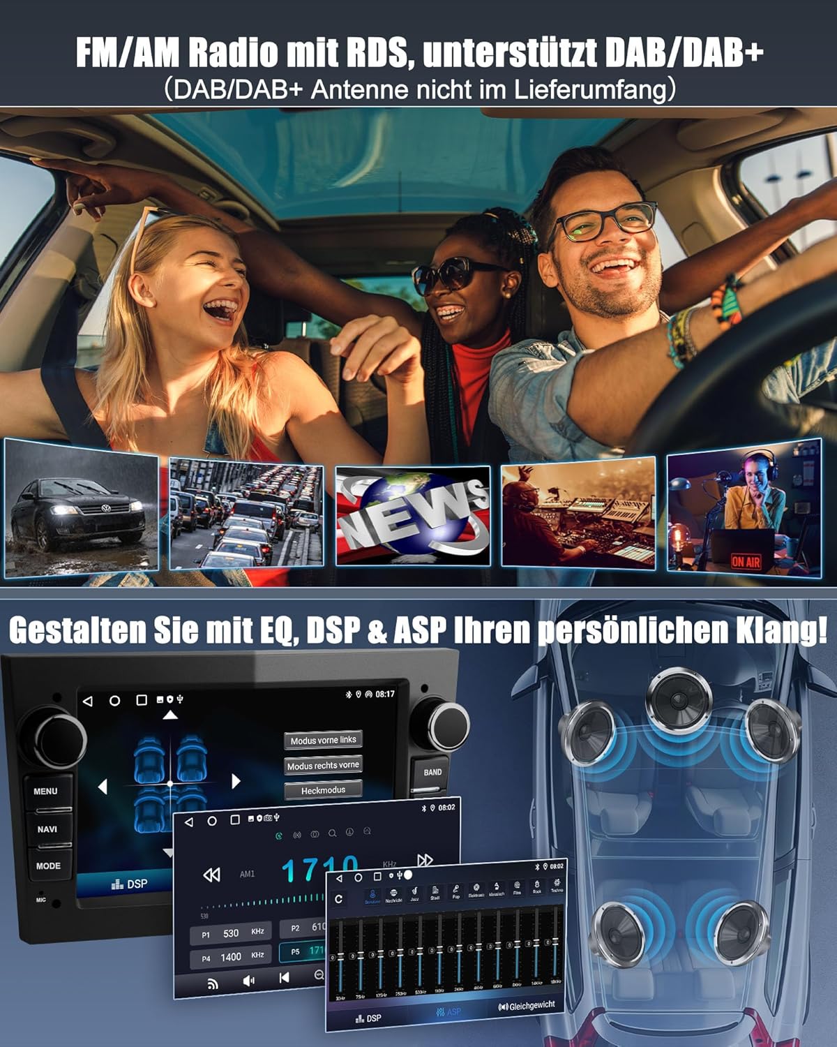 Bluetooth Autoradio mit Navi & Carplay, Opel kompatibel, Schwarz