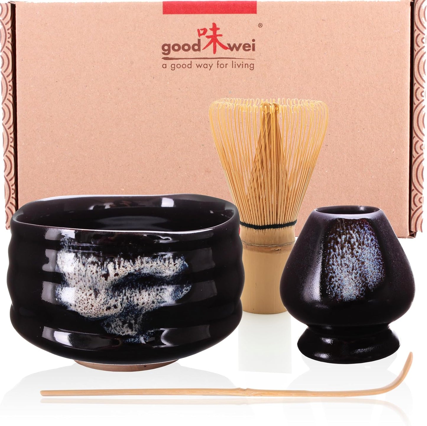 Matcha-Set mit Besen, Löffel und Keramikschale, Burashi 80