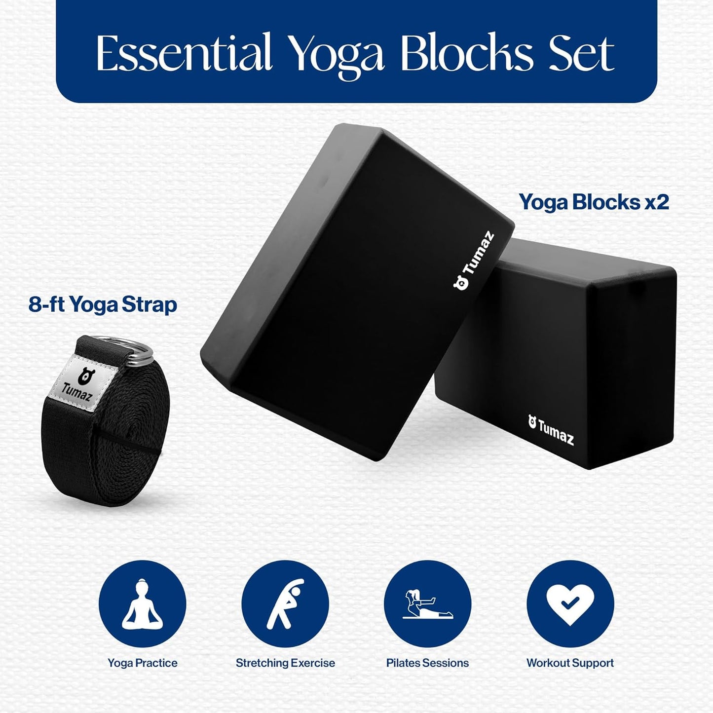 2er-Set Yoga Block mit Yoga-Gurt, 06. Schwarz