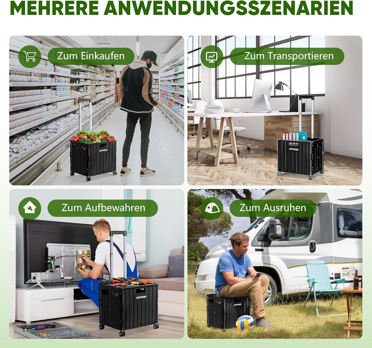 Klappbarer Einkaufstrolley mit Teleskopgriff, Schwarz