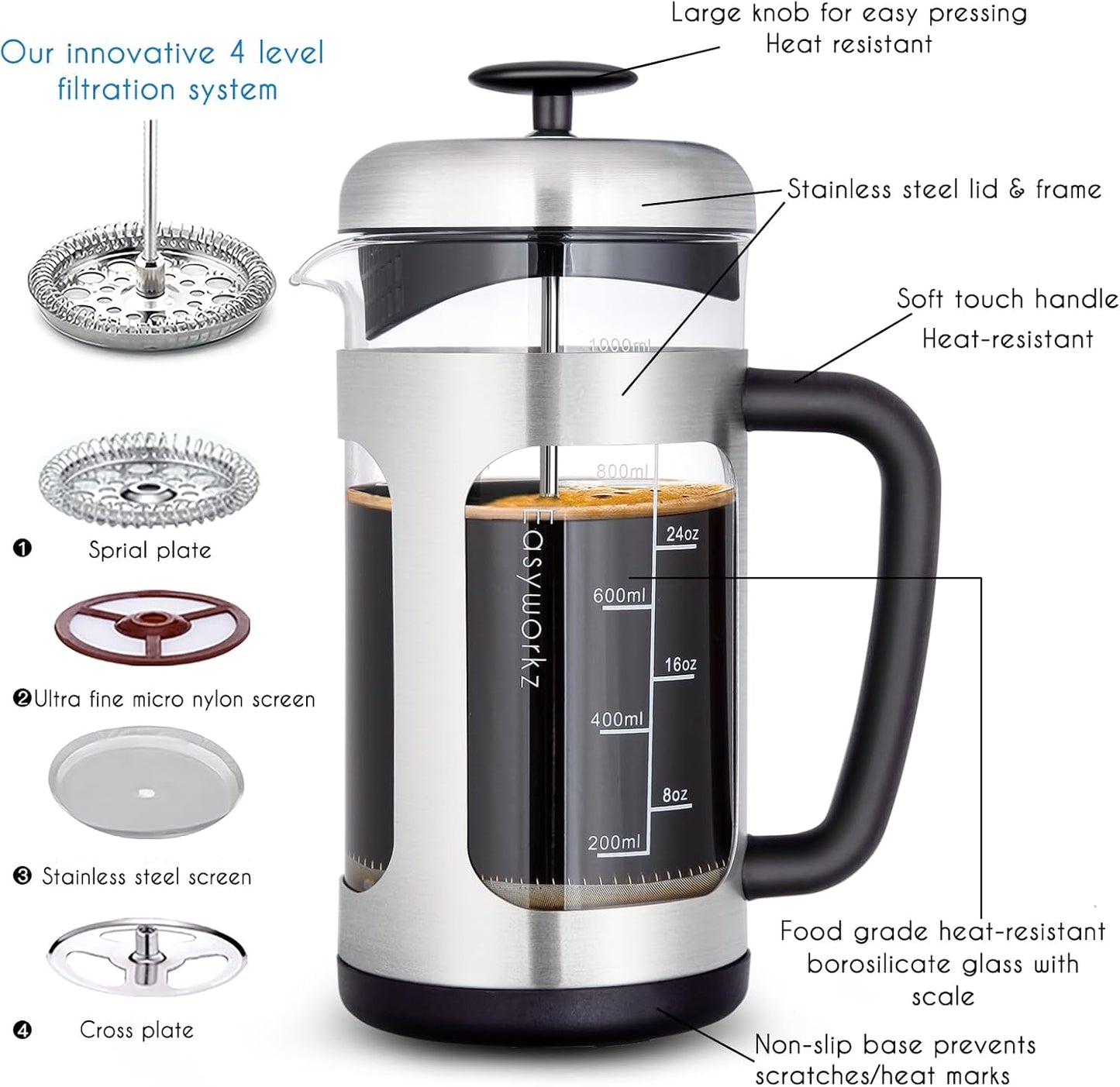 Kaffeebereiter mit Edelstahlpresse (1000 ml), Silber 1000ml