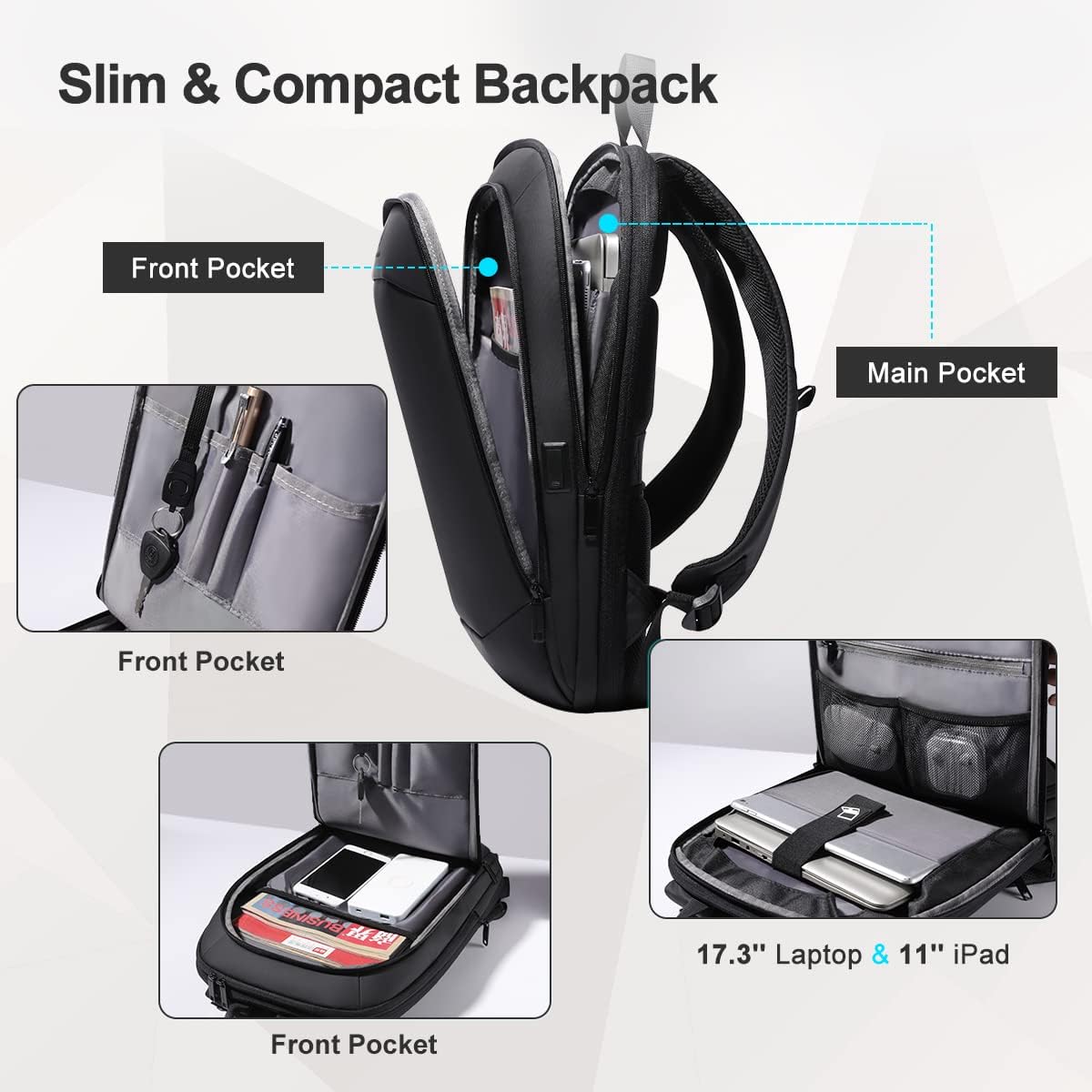 Laptop-Reiserucksack 17 Zoll mit USB-Anschluss, Schwarz