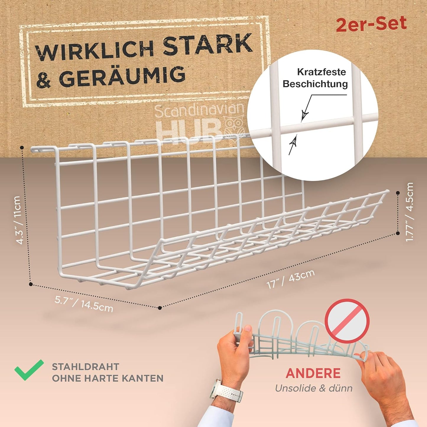 2er-Set Untertisch für Kabelmanagement, 43,2 x 14,5 x 10,9 cm 2er- Set / Weiss