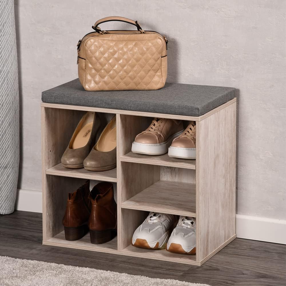 Schuhschrank mit Sitzkissen, Weiß, Grau 51,5 x 29,5 x 48 cm