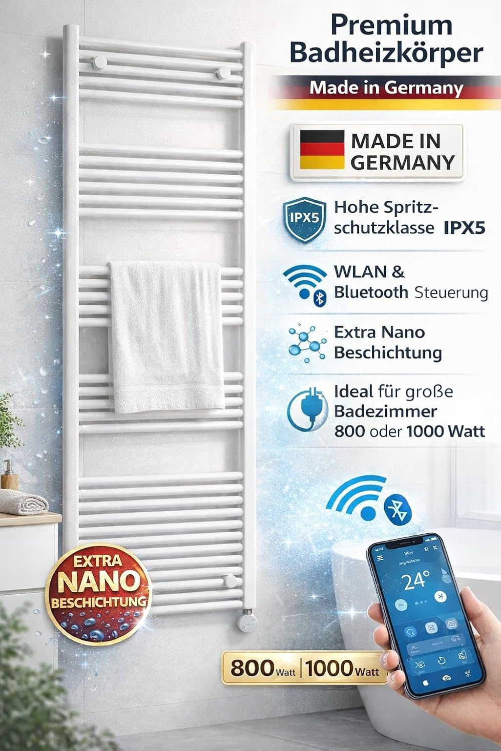 Elektrischer Badheizkörper mit WiFi & Bluetooth, Weiss 1775h x 400b