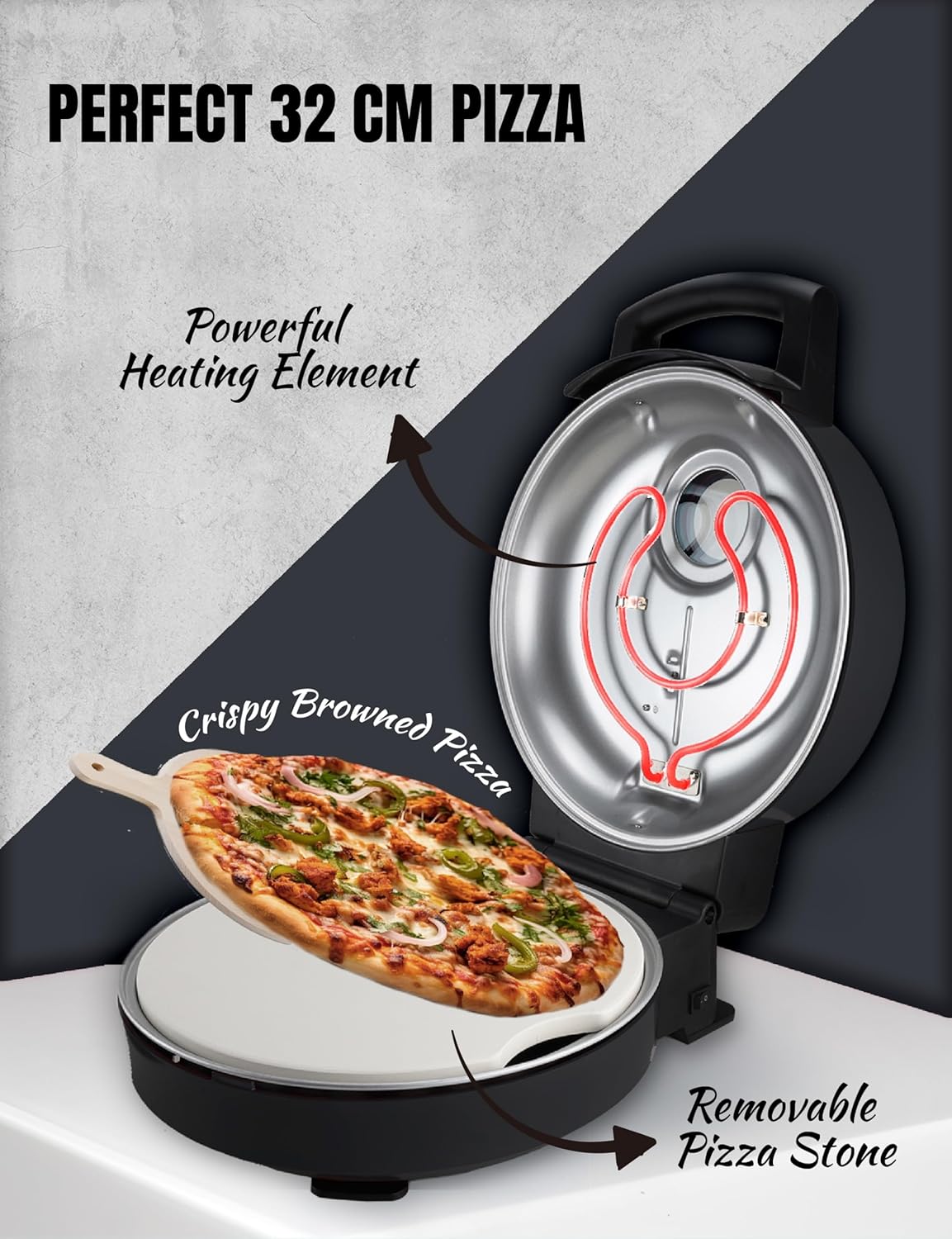Pizzaofen mit Schamottstein & Pizzaschieber, Schwarz