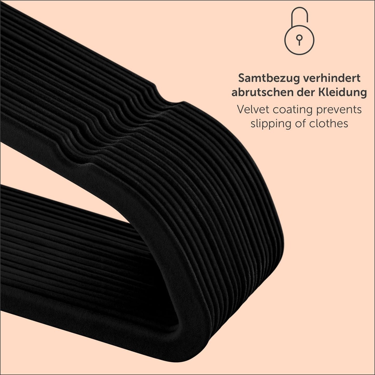 50er-Set Samt-Kleiderbügel, 50 Stück Rosegold / Schwarz
