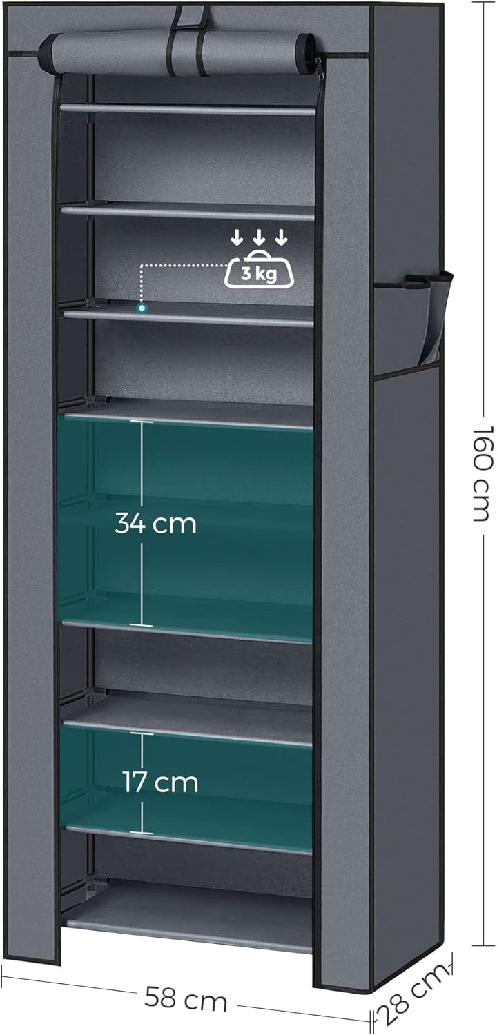 Schuhregal mit 10 Ebenen und staubdichter Abdeckung, 10 Ebenen (58B cm) Grau