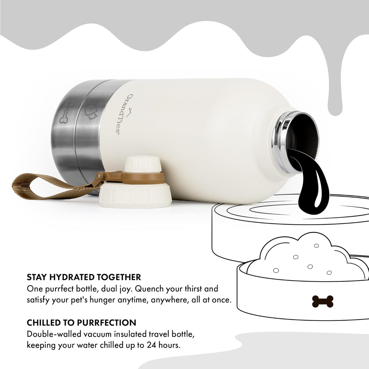Isolierte Hundewasserflasche mit 2 abnehmbaren Hundenäpfen, Ivory White Large 64oz/1890mL