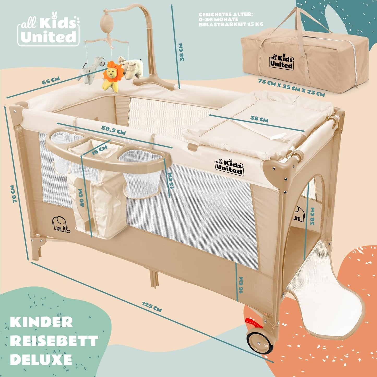 Baby-Reisebett mit Matratze und Zubehör, Beige