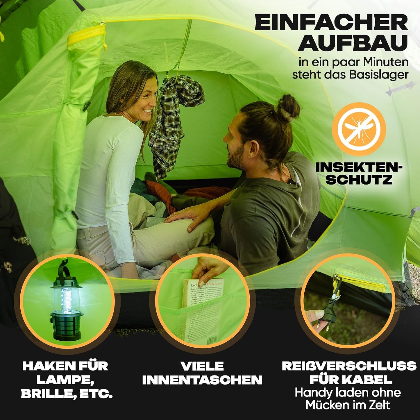 Tunnelzelt für 4 Personen mit Vorzelt, grün - 2 Personen