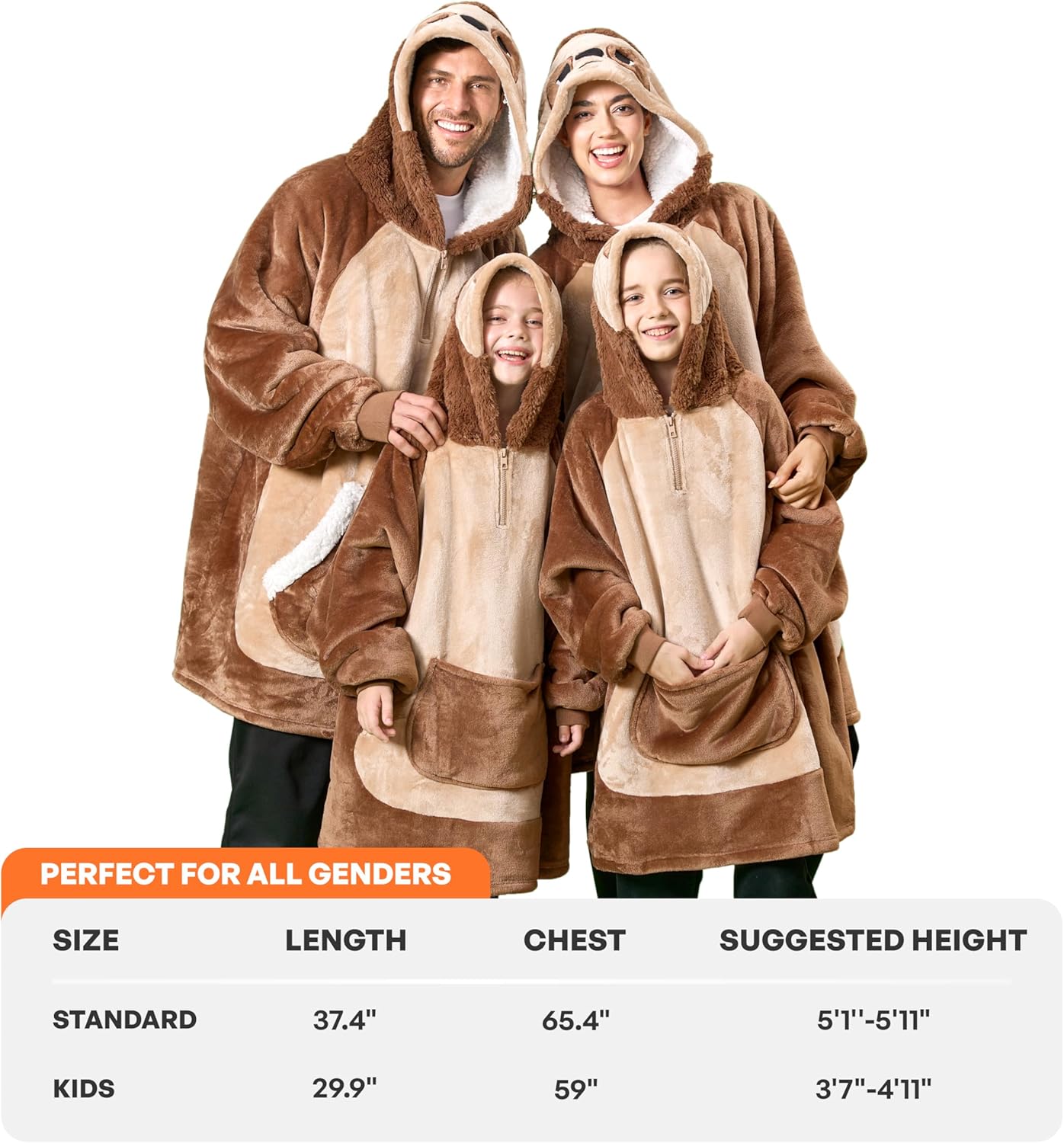 Decken-Hoodie im Faultier-Design, Erwachsener Braunes Faultier