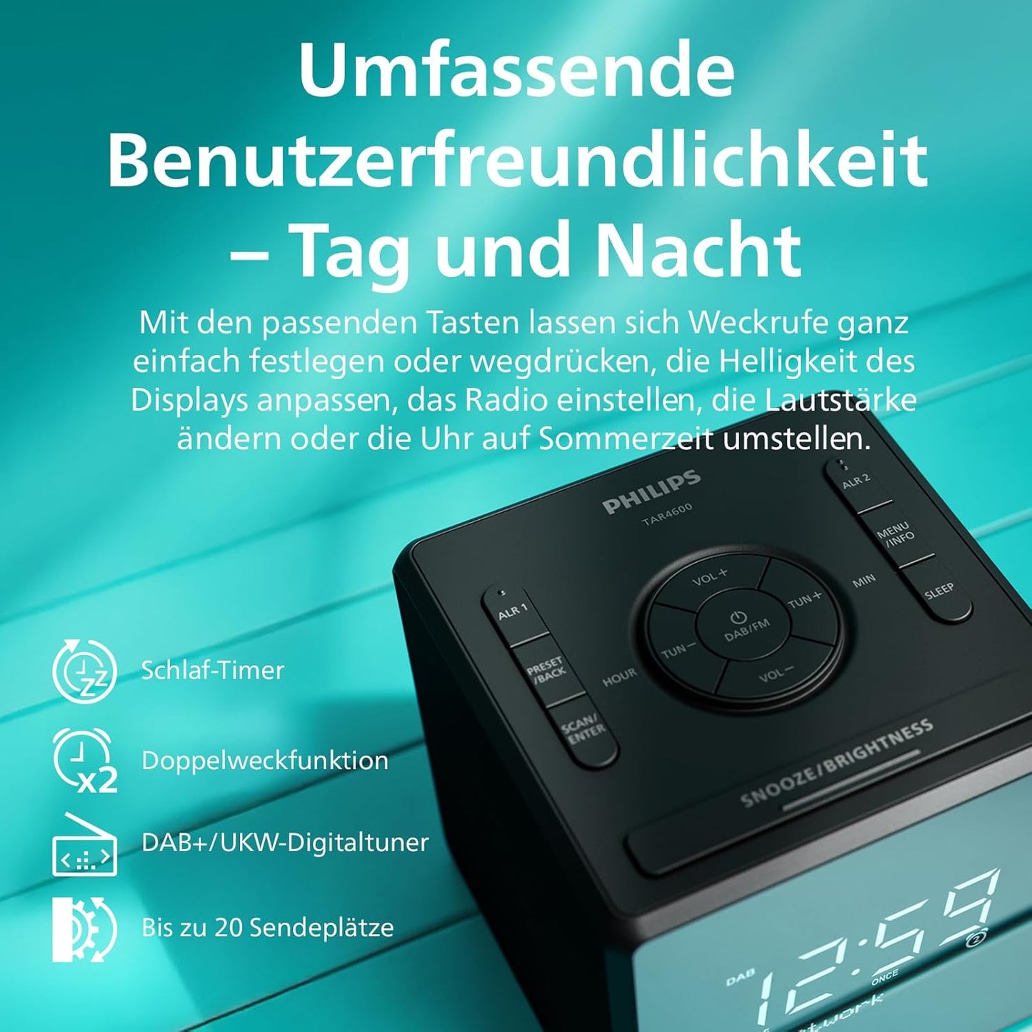 Radiowecker TAR4600 mit Dual Alarm und USB-C-Ladeanschluss