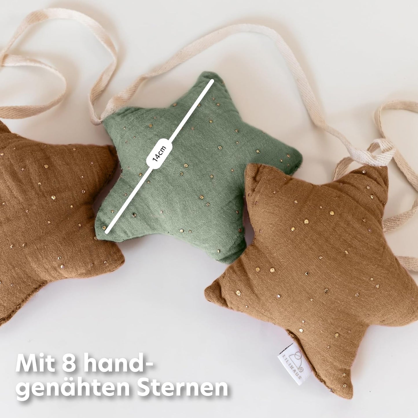 Sternen-Wimpelkette, Eukalyptus & Nougat Sterne mit Goldapplikation