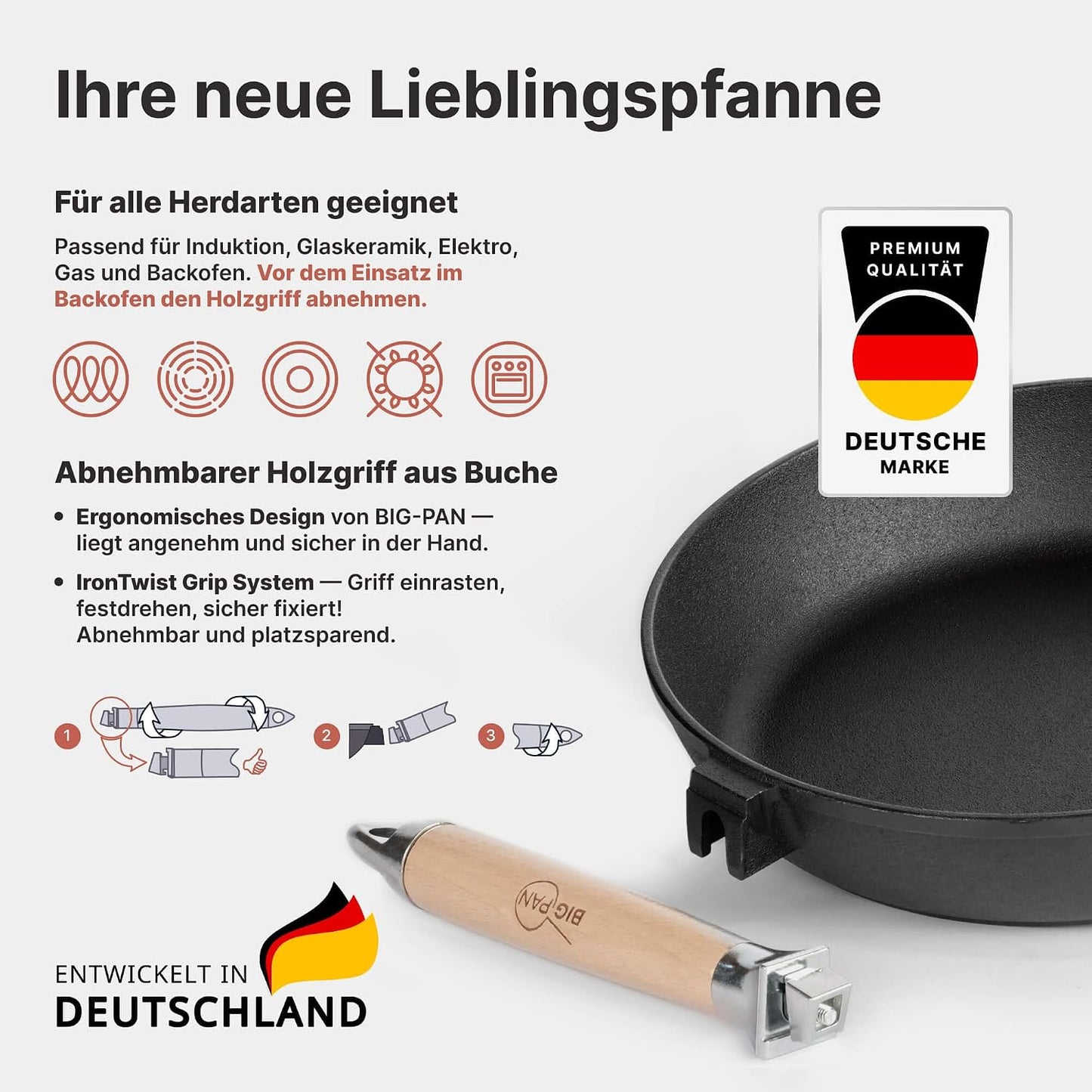 Gusseisenpfanne mit abnehmbarem Griff, 24 cm Ohne Deckel
