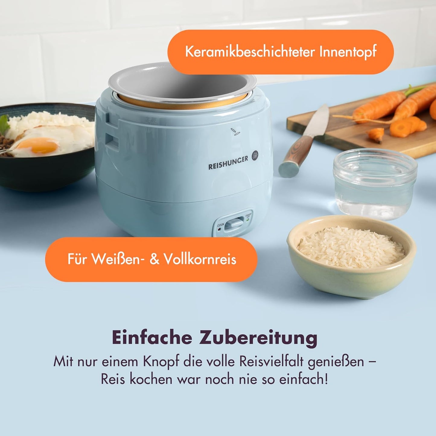 Mini Reiskocher mit Keramikbeschichtung 0,3 L, Hellblau