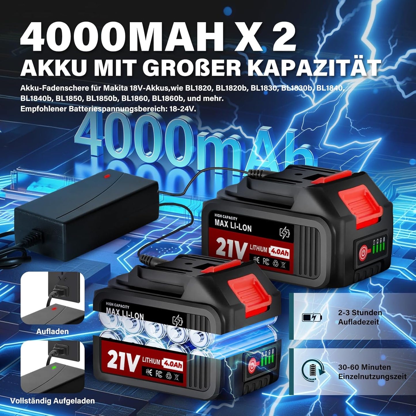 2-in-1 Rasentrimmer/Kantenschneider HY-15 mit Akku, Blau