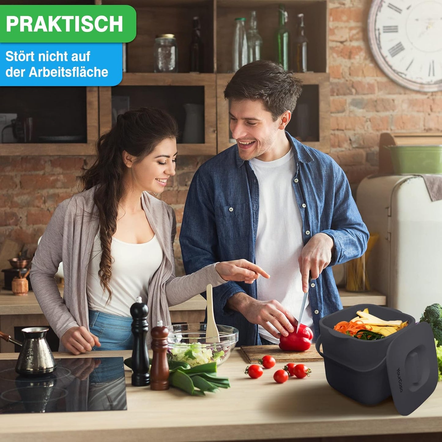 Spülmaschinenfester Biomülleimer mit Deckel und Sieb, 7 Liter Anthrazit