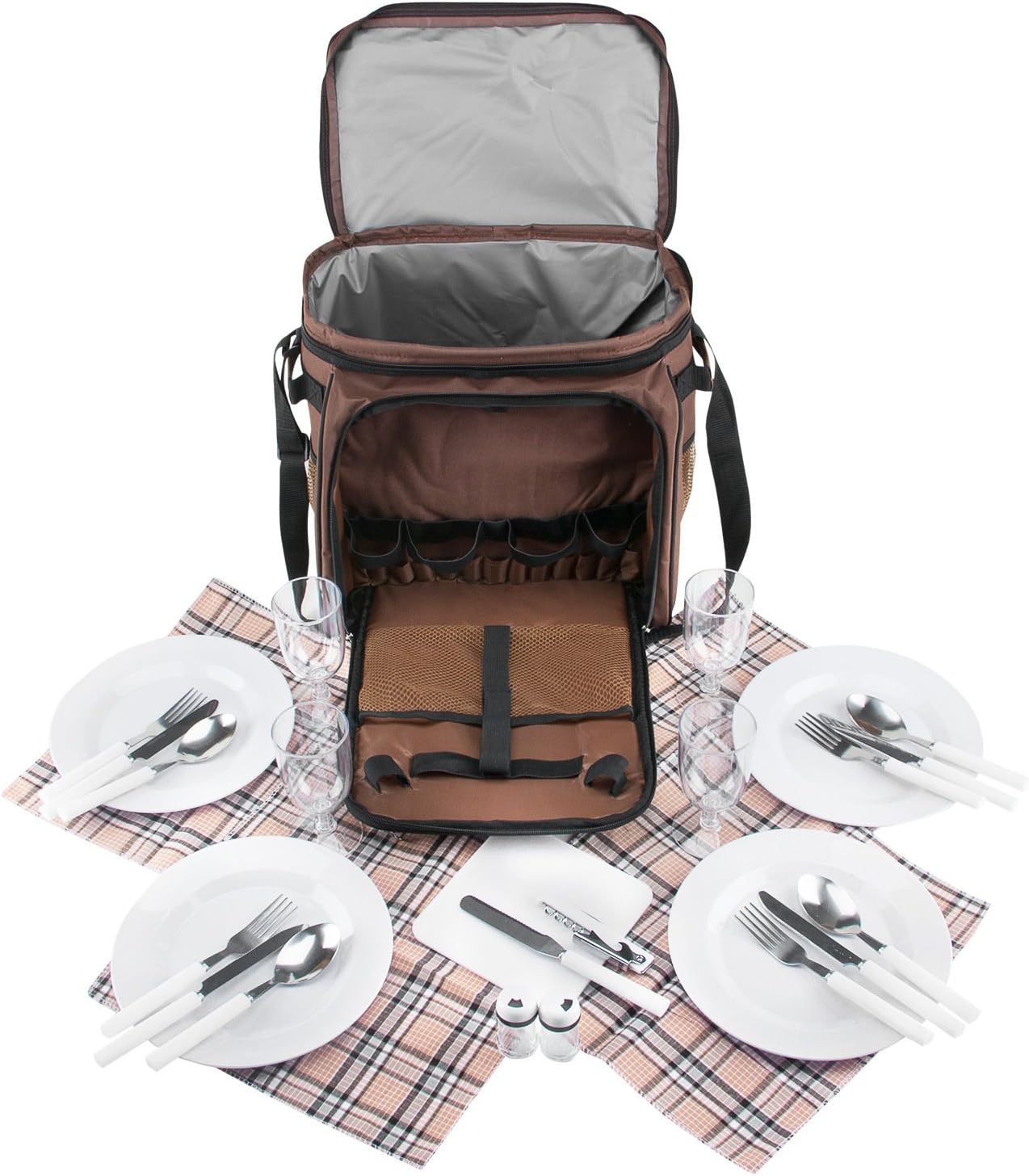 Picknicktasche mit Kühltasche und Zubehör, Braun