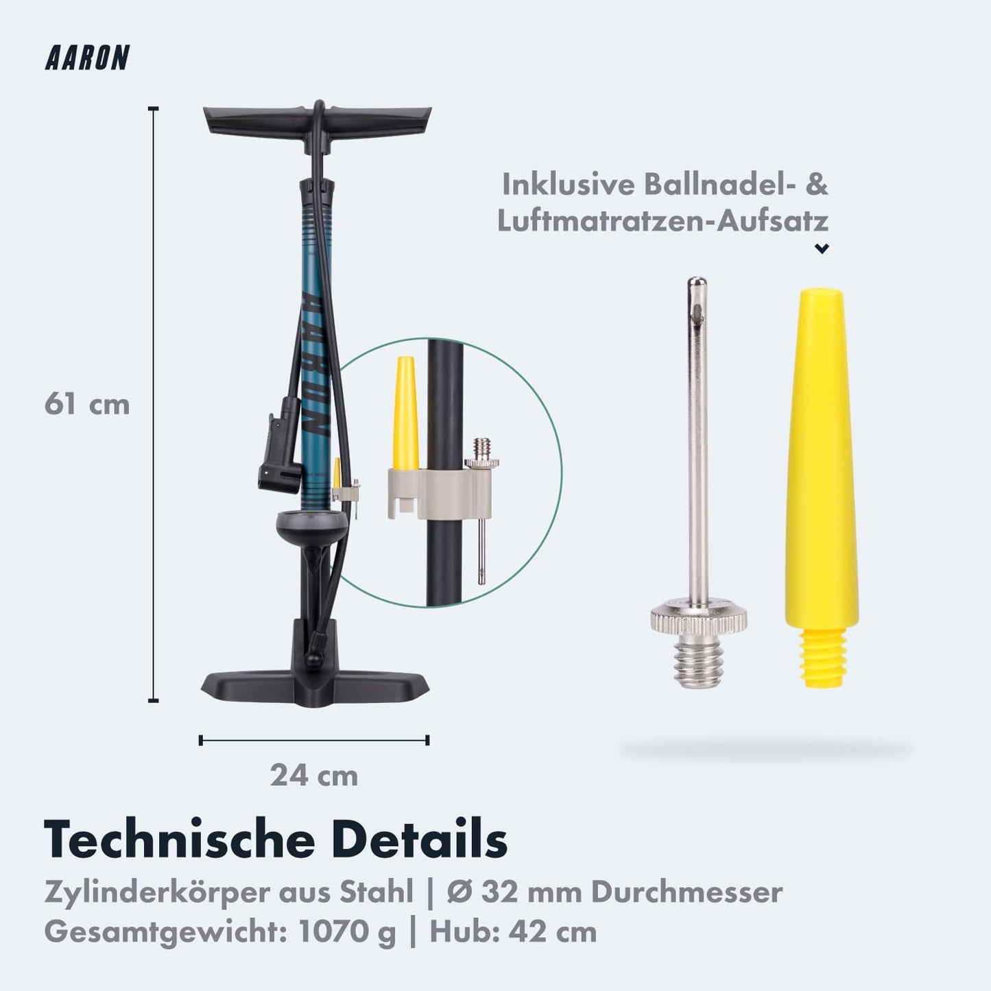 Fahrradpumpe inkl. Ball Aufsatz, Blau V3