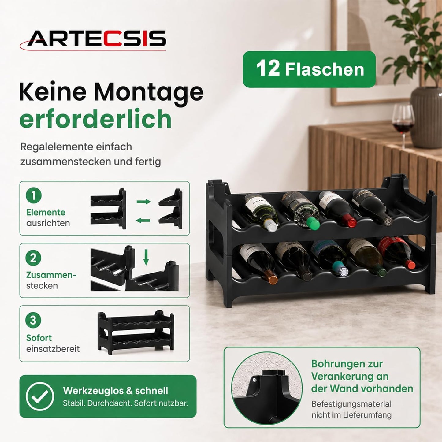 Stapelbares Weinregal für 12 Flaschen, Schwarz 12 Flaschen
