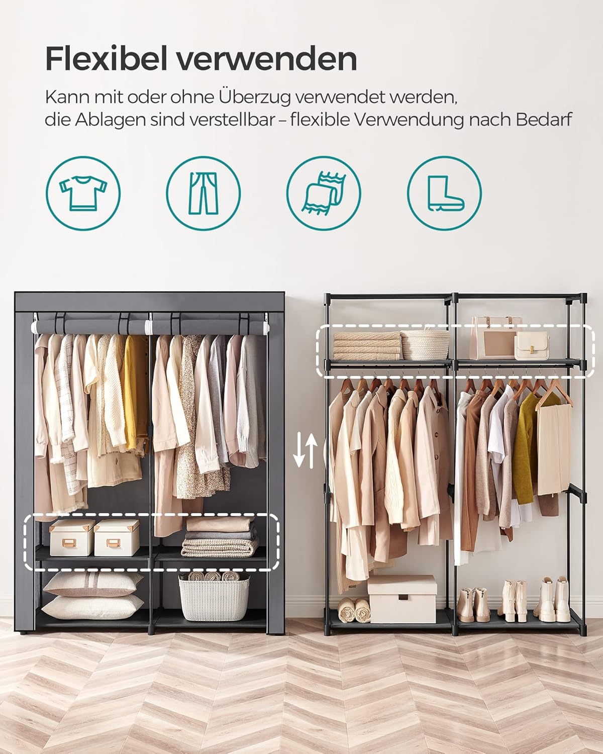 Faltbarer Stoffschrank mit Aufhängestange RYG02GY, Grau