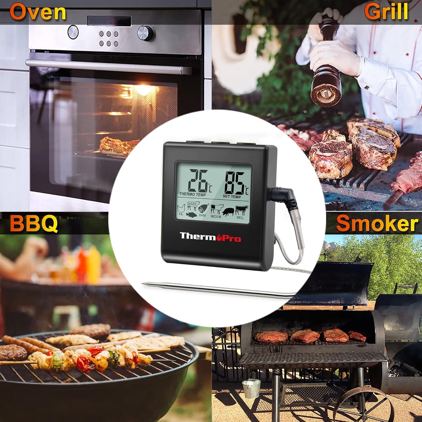 TP16 Fleischthermometer mit Timer für BBQ und Grill, Schwarz
