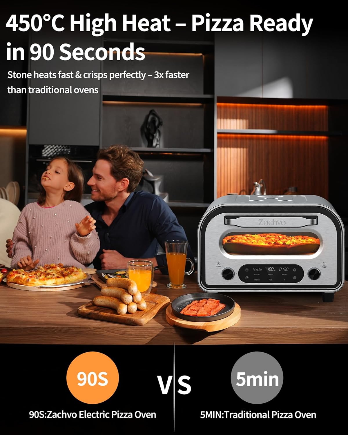 Elektrischer Pizzaofen mit 5 Programmen & Zubehör, mit Pizzaschieber&Pizzastein&Rezepten Silber