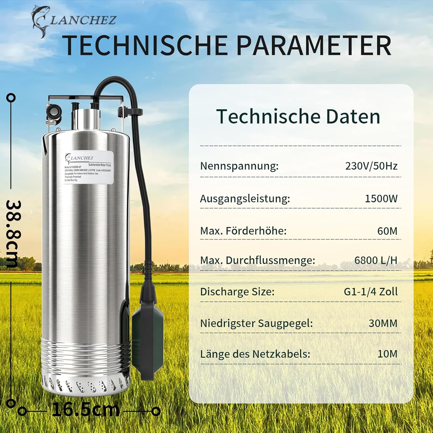 Tauchdruckpumpe mit Schwimmer, 6800 l/h, 60 m max. Höhe, Silber