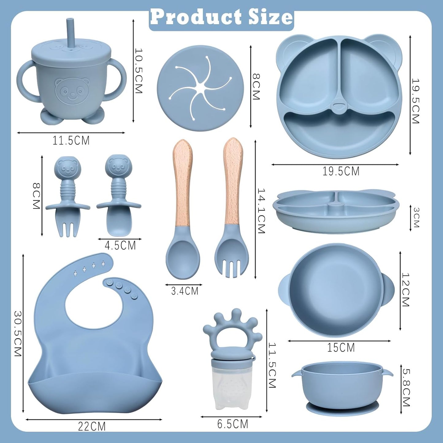 Silikon Baby Geschirrset mit Saugnapf (10-teilig), Blau