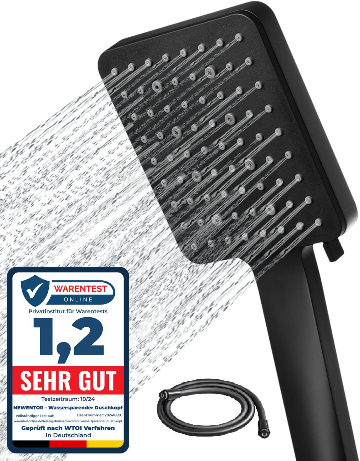 Duschkopf mit 1,5 m Schlauch, Duschkopf Schwarz mit Schlauch 1,5 M
