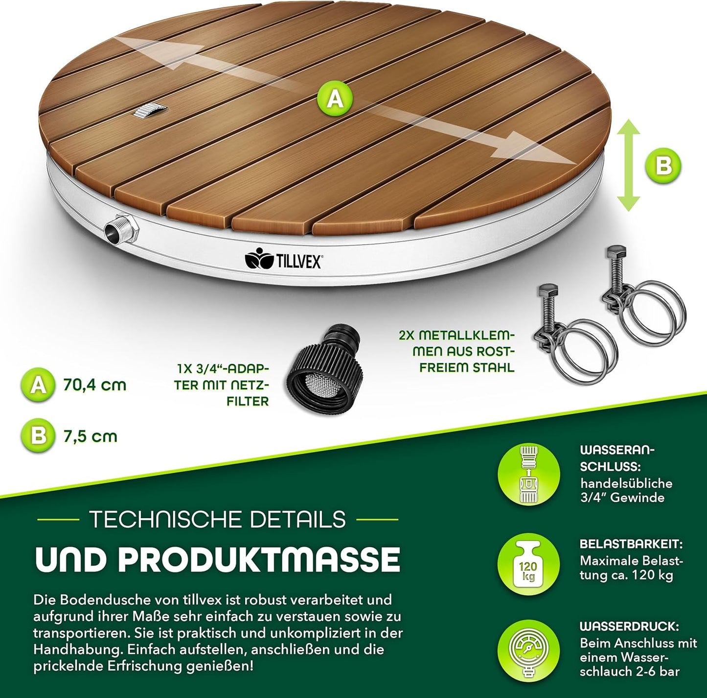 Gartendusche Outdoor mit Fussrad und Fontänenhöhe bis 4 m, Braun - Rund