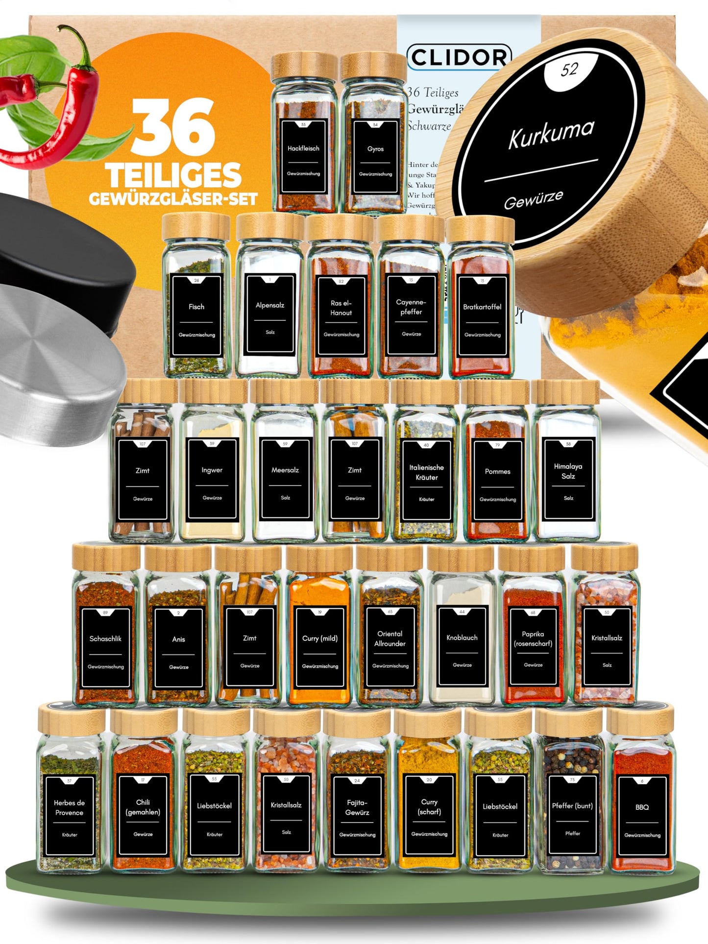 Gewürzgläser-Set mit Bambusdeckel (36 x 125ml), 36er Set