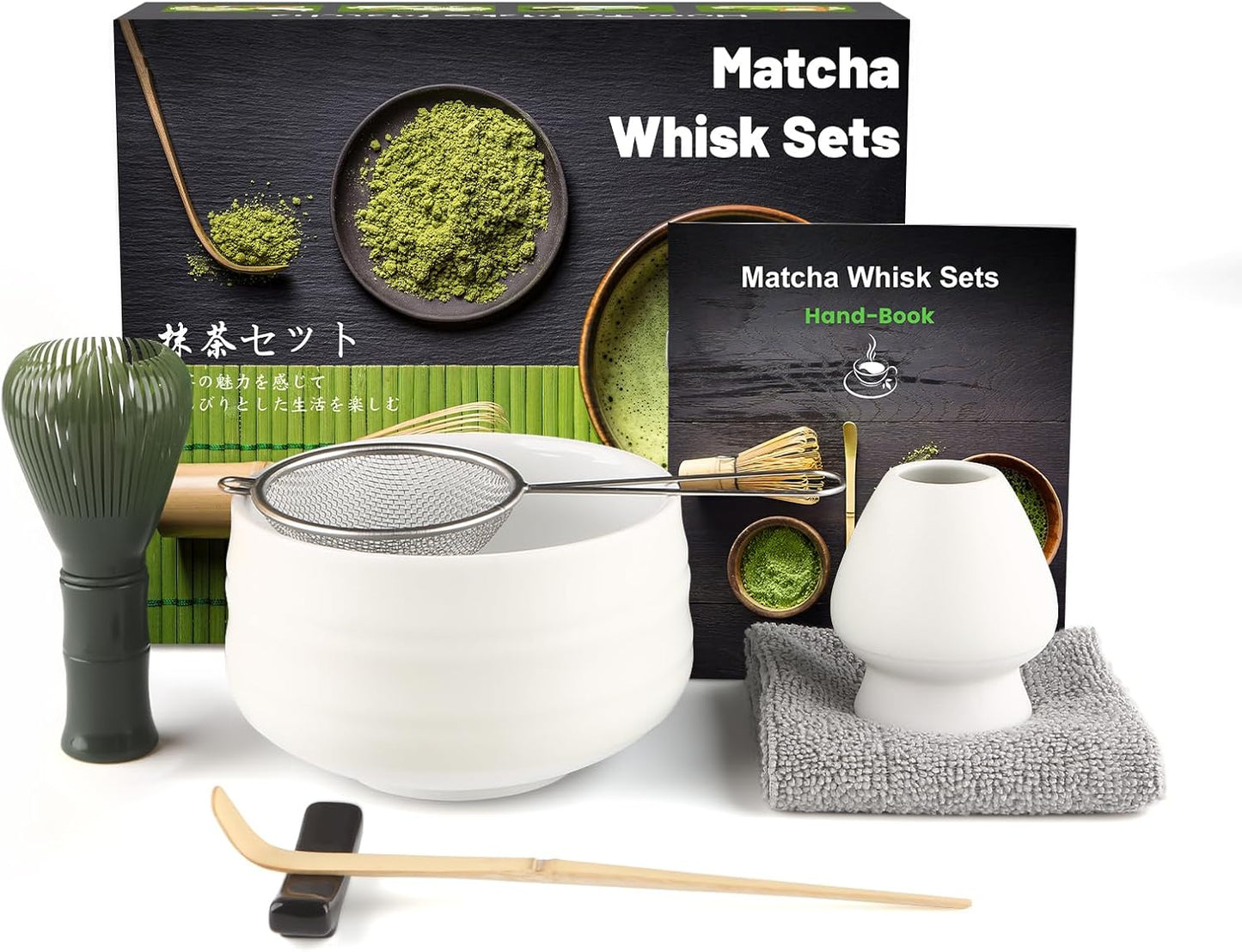 7-teiliges Matcha-Set, Flache Spitze, Mattweiß Kunststoff-Matcha-Besen, grün
