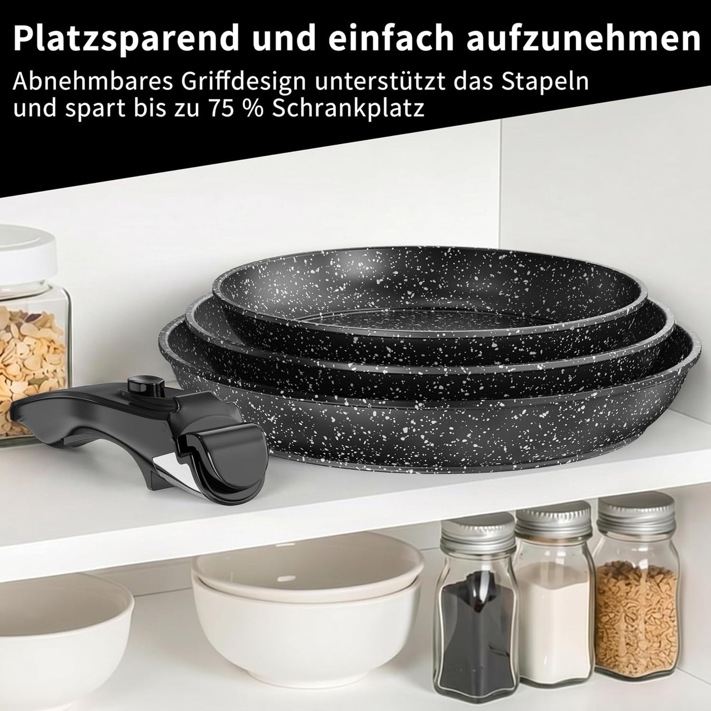4-teiliges Pfannenset mit abnehmbaren Griffen, Tiefschwarz