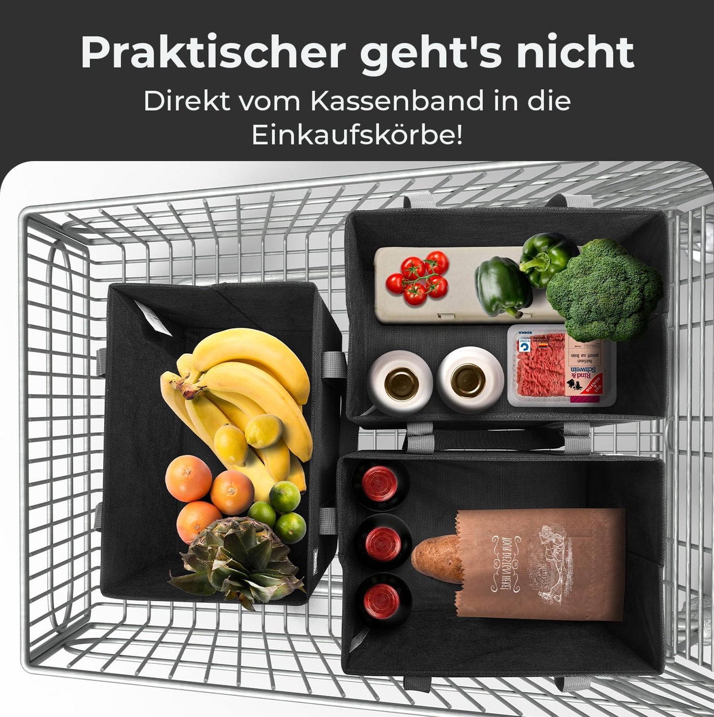 Einkaufskorb-Set (3er) für Kofferraum und Aufbewahrung, Schwarz