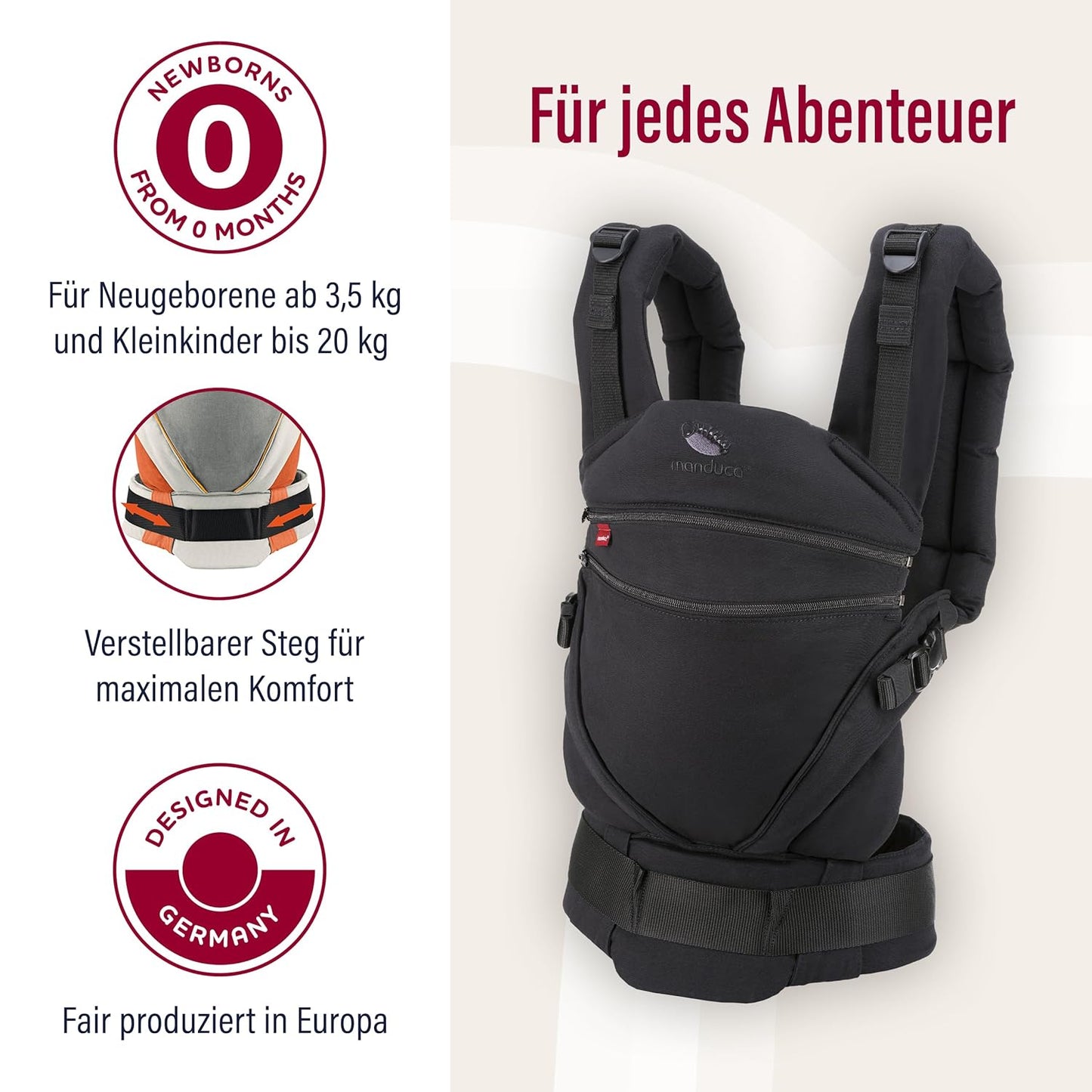 Babytrage mitwachsend für Neugeborene bis Kleinkind, Monochrome Obsidian